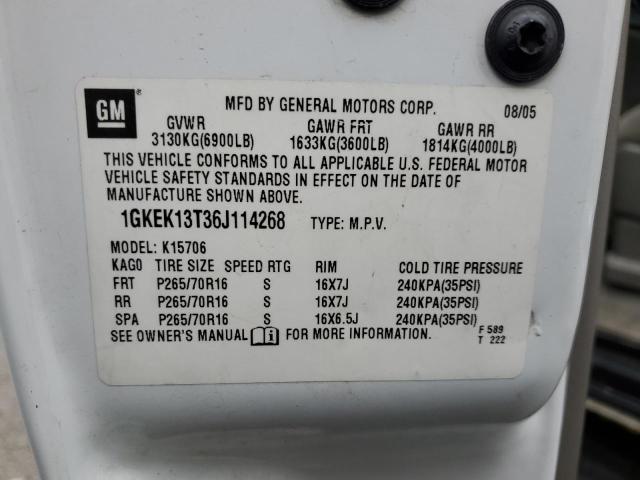 1GKEK13T36J114268 - 2006 GMC YUKON WHITE photo 12