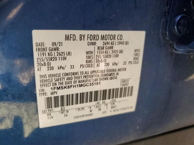 1FMSK8FH1MGC35191 - 2021 FORD EXPLORER LIMITED Mavi fotoğraf 13