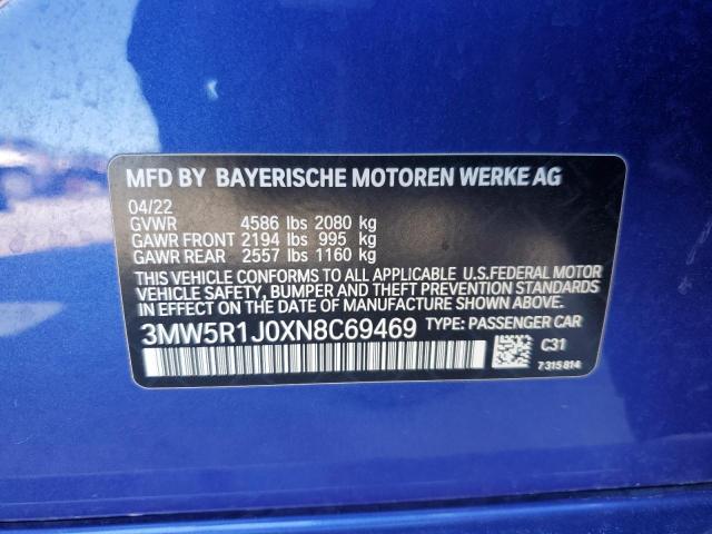 3MW5R1J0XN8C69469 - 2022 BMW 330I BLUE photo 12