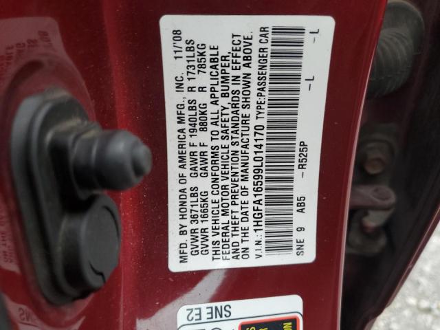 1HGFA16599L014170 - 2009 HONDA CIVIC LX 勃艮第红 照片 12