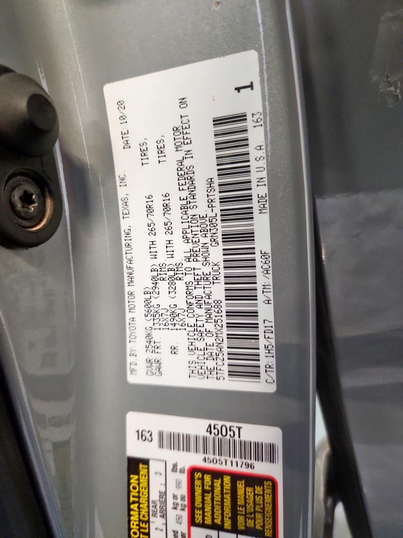 5TFCZ5AN2MX251688 - 2021 TOYOTA TACOMA DOUBLE CAB GRAY photo 12