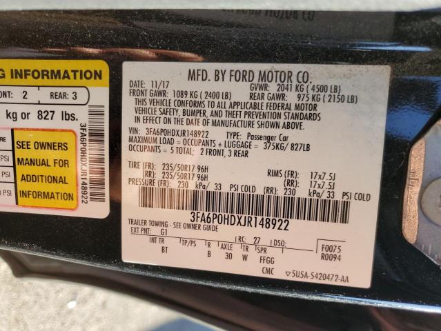 3FA6P0HDXJR148922 - 2018 FORD FUSION SE Negro foto 12