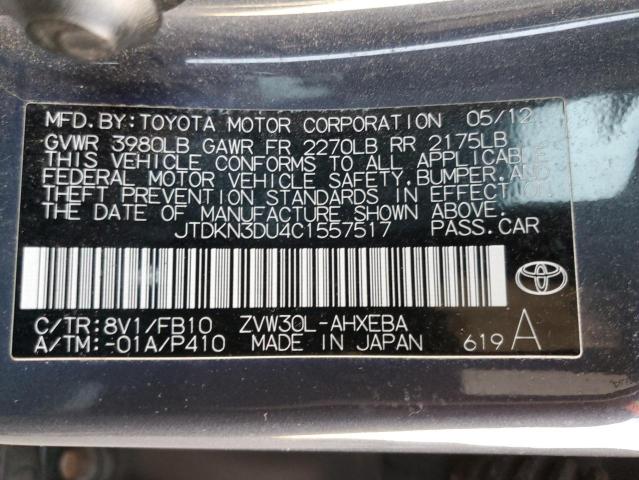 JTDKN3DU4C1557517 - 2012 TOYOTA PRIUS GRAY photo 12