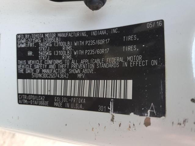 5TDYK3DC2GS743642 - 2016 TOYOTA SIENNA XLE თეთრი ფოტო 14