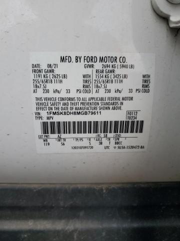 1FMSK8DH8MGB79611 - 2021 FORD EXPLORER XLT WHITE photo 14