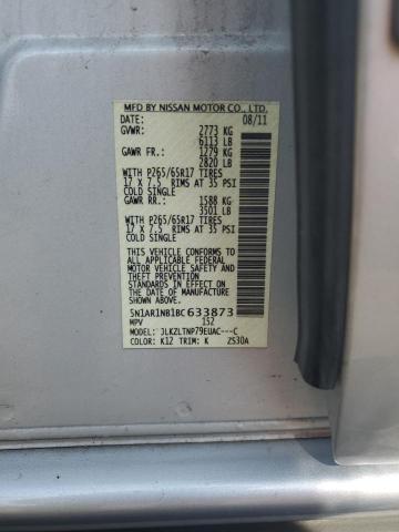 5N1AR1NB1BC633873 - 2011 NISSAN PATHFINDER S SILVER photo 12