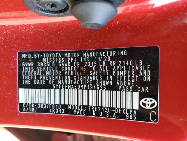 5YFEPMAE0MP194625 - 2021 TOYOTA COROLLA LE RED photo 13