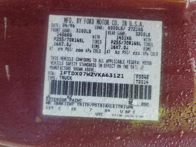 1FTDX07W2VKA63121 - 1997 FORD F150 MAROON photo 12