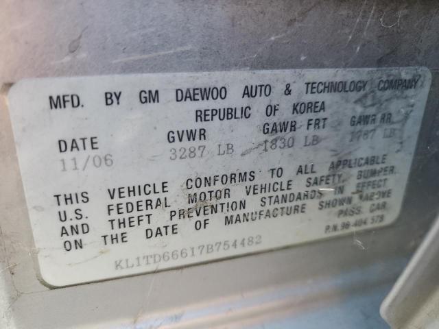 KL1TD66617B754482 - 2007 CHEVROLET AVEO BASE Gümüş foto 12