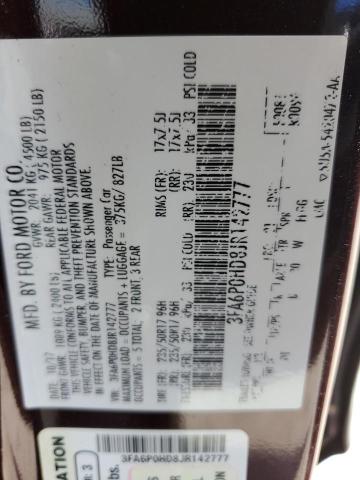 3FA6P0HD8JR142777 - 2018 FORD FUSION SE MAROON photo 12