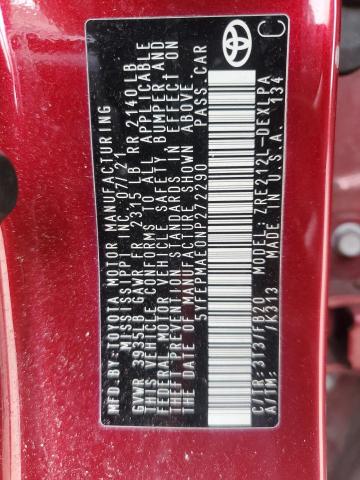 5YFEPMAE0NP272290 - 2022 TOYOTA COROLLA LE RED photo 12