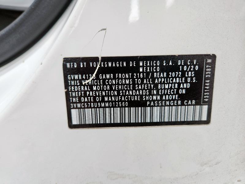 3VWC57BU9MM012560 - 2021 VOLKSWAGEN JETTA S 白色 照片 12