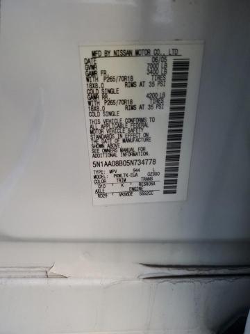 5N1AA08B05N734778 - 2005 NISSAN ARMADA SE WHITE photo 13