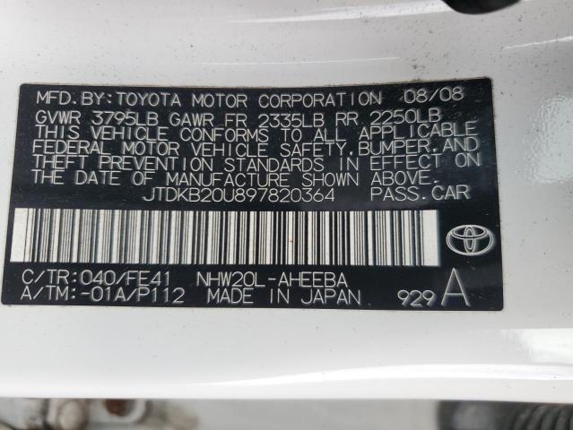 JTDKB20U897820364 - 2009 TOYOTA PRIUS WHITE photo 12
