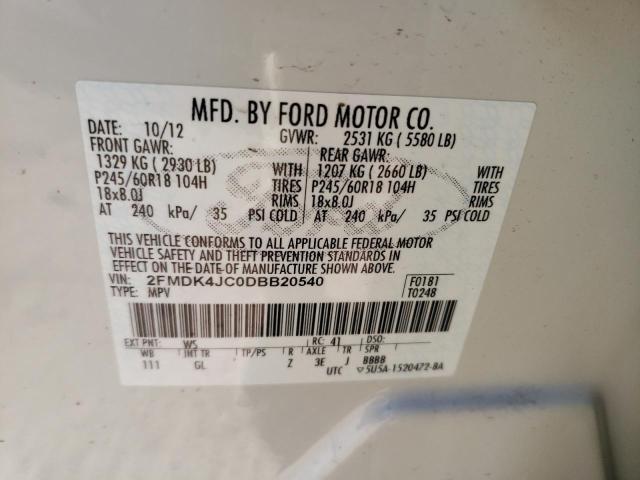 2FMDK4JC0DBB20540 - 2013 FORD EDGE SEL WHITE photo 13