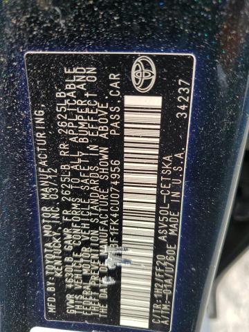 4T1BF1FK4CU074956 - 2012 TOYOTA CAMRY BASE BLUE photo 12