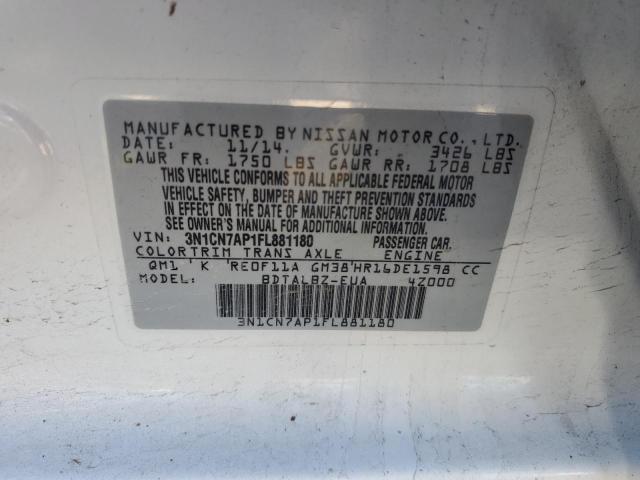 3N1CN7AP1FL881180 - 2015 NISSAN VERSA S WHITE photo 12