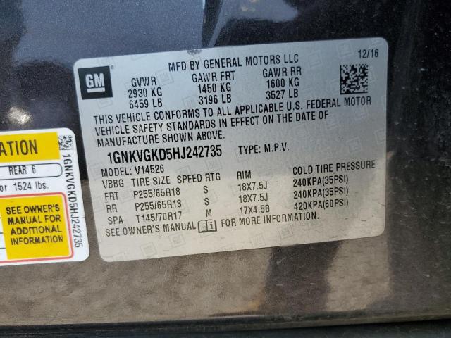 1GNKVGKD5HJ242735 - 2017 CHEVROLET TRAVERSE LT GRAY photo 13