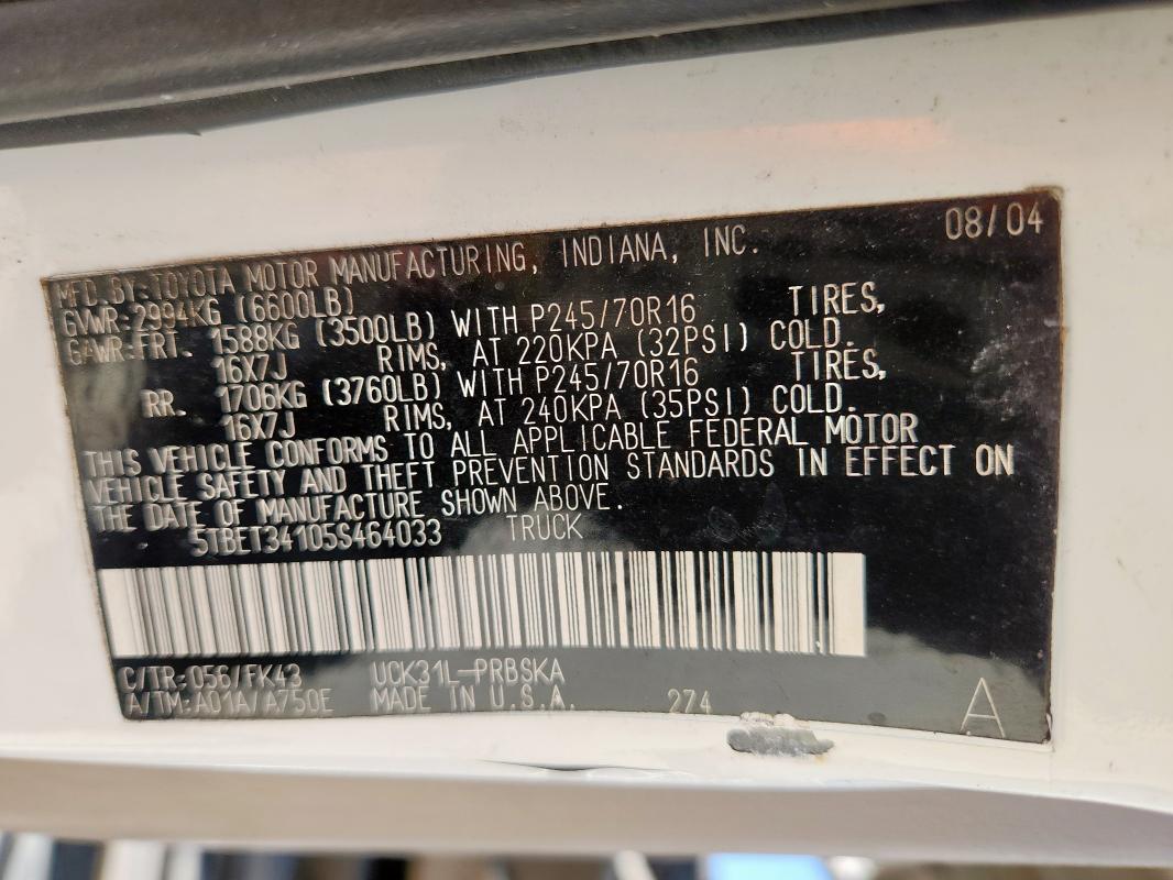 5TBET34105S464033 - 2005 TOYOTA TUNDRA DOUBLE CAB SR5 WHITE photo 12