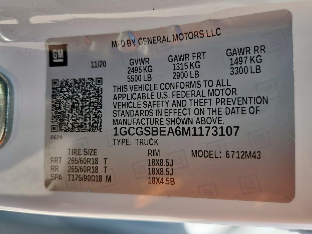 1GCGSBEA6M1173107 - 2021 CHEVROLET COLORADO WHITE photo 12