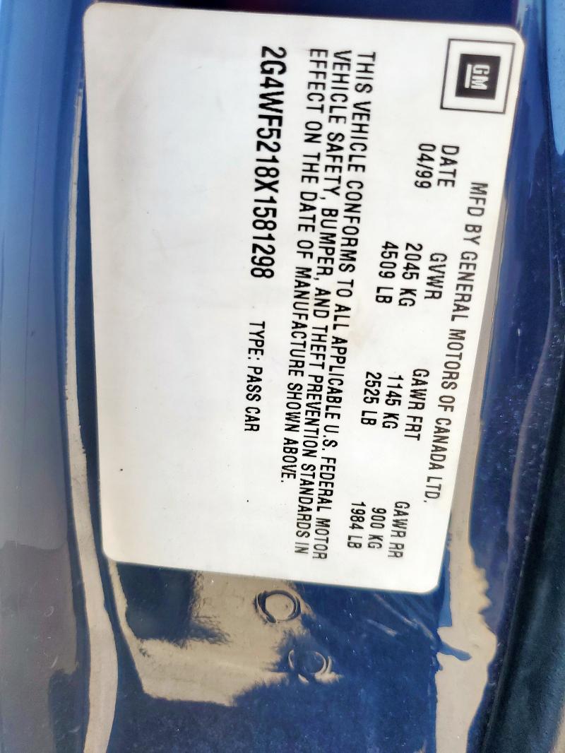 2G4WF5218X1581298 - 1999 BUICK REGAL GS BLUE photo 12