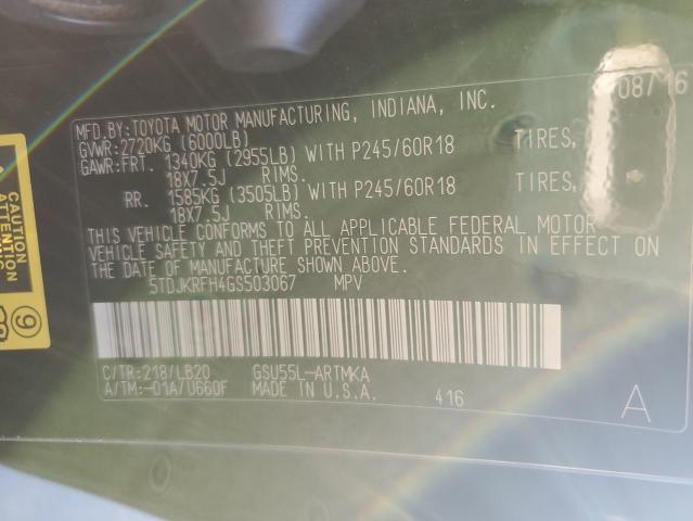 5TDJKRFH4GS503067 - 2016 TOYOTA HIGHLANDER XLE BLACK photo 13