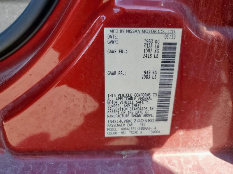 1N4BL4CV6KC240580 - 2019 NISSAN ALTIMA SR Қызыл фото 13