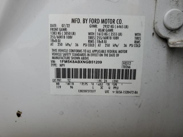 1FM5K8ABXNGB51209 - 2022 FORD EXPLORER POLICE INTERCEPTOR WHITE photo 13