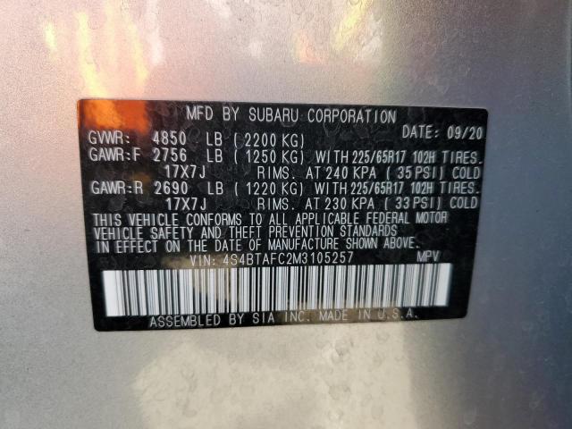 4S4BTAFC2M3105257 - 2021 SUBARU OUTBACK PREMIUM SILVER photo 12