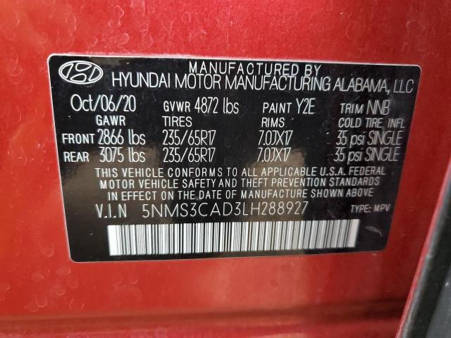 5NMS3CAD3LH288927 - 2020 HYUNDAI SANTA FE SEL RED photo 14