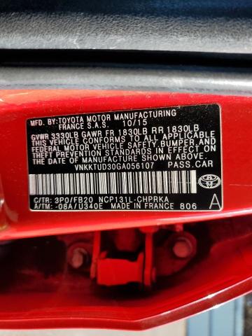 VNKKTUD30GA056107 - 2016 TOYOTA YARIS L RED photo 12