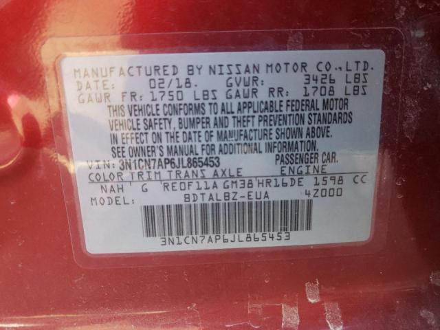 3N1CN7AP6JL865453 - 2018 NISSAN VERSA S RED photo 12