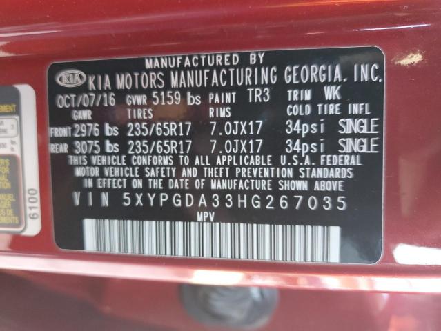 5XYPGDA33HG267035 - 2017 KIA SORENTO LX RED photo 14