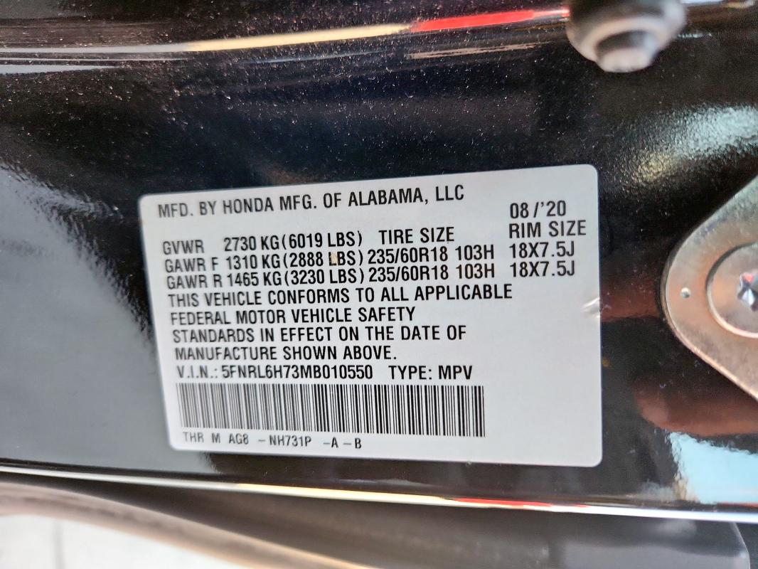 5FNRL6H73MB010550 - 2021 HONDA ODYSSEY EXL BLACK photo 13
