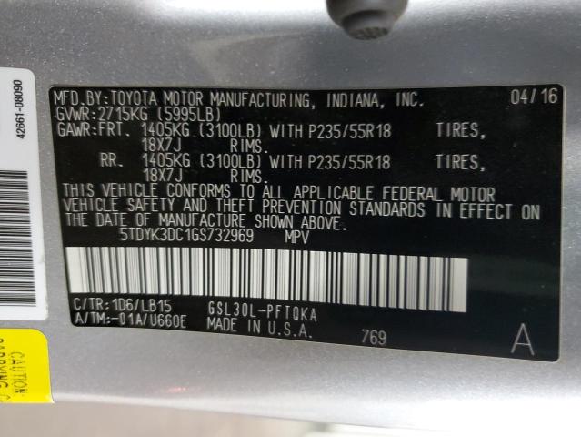 5TDYK3DC1GS732969 - 2016 TOYOTA SIENNA XLE SILVER photo 13