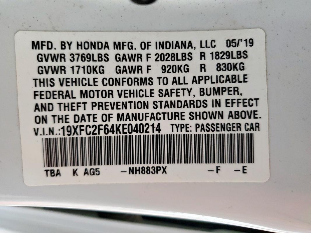 19XFC2F64KE040214 - 2019 HONDA CIVIC LX WHITE photo 12