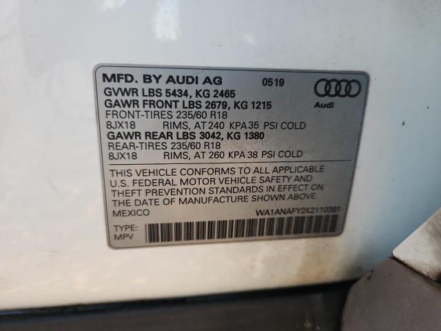 WA1ANAFY2K2110381 - 2019 AUDI Q5 PREMIUM 白色 照片 13