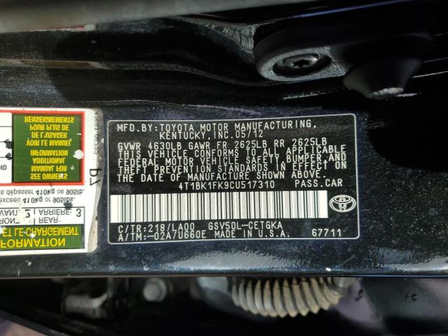 4T1BK1FK9CU517310 - 2012 TOYOTA CAMRY SE BLACK photo 12