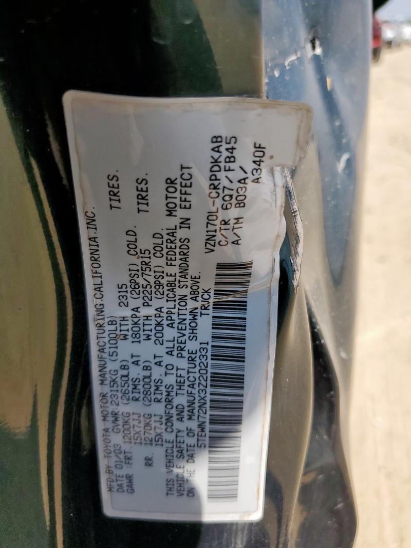 5TEWN72NX3Z202331 - 2003 TOYOTA TACOMA XTRACAB 绿色 照片 12
