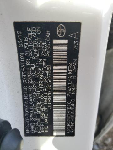 JTDKN3DU8C5427880 - 2012 TOYOTA PRIUS WHITE photo 12