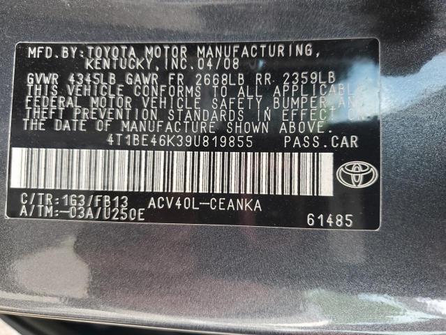 4T1BE46K39U819855 - 2009 TOYOTA CAMRY BASE 灰色 照片 12