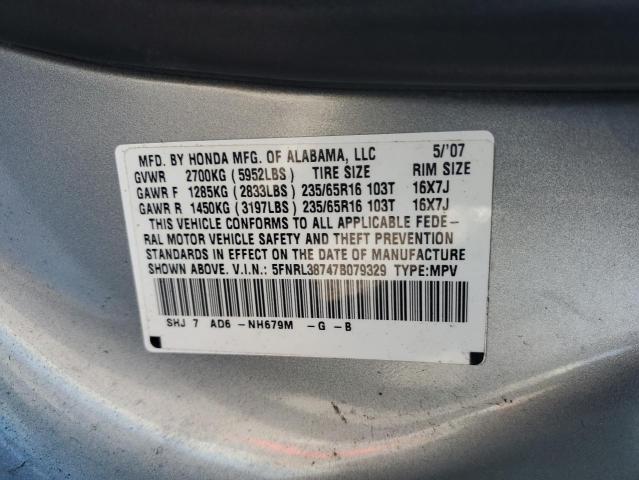 5FNRL38747B079329 - 2007 HONDA ODYSSEY EXL SILVER photo 13