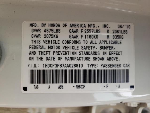 1HGCP3F87AA026910 - 2010 HONDA ACCORD EXL WHITE photo 12