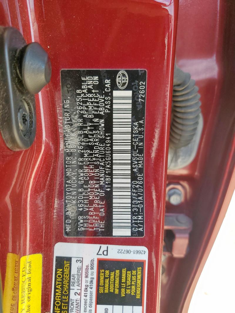 4T1BF1FK5GU604941 - 2016 TOYOTA CAMRY LE RED photo 12