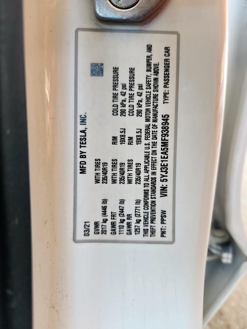 5YJ3E1EA5MF938945 - 2021 TESLA MODEL 3 WHITE photo 12