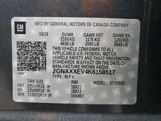 2GNAXXEV4K6158517 - 2019 CHEVROLET EQUINOX PREMIER GRAY photo 13