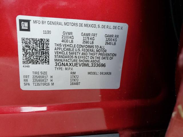 3GNAXUEV0ML333696 - 2021 CHEVROLET EQUINOX LT RED photo 12