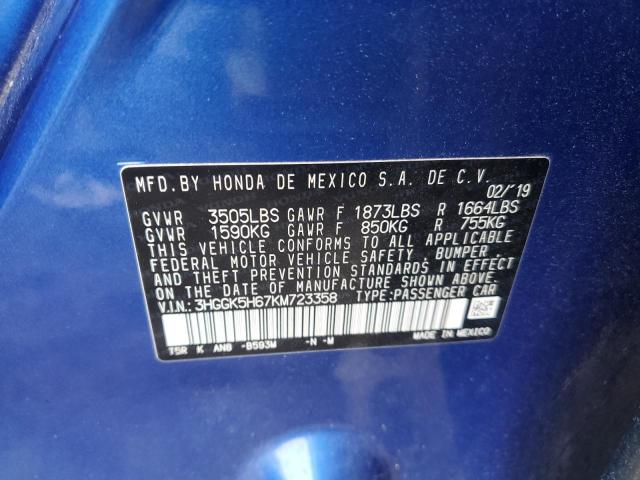 3HGGK5H67KM723358 - 2019 HONDA FIT SPORT BLUE photo 12