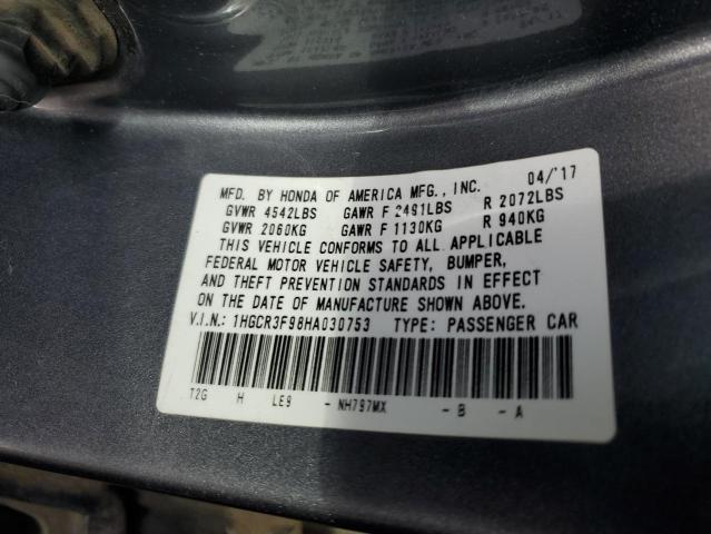 1HGCR3F98HA030753 - 2017 HONDA ACCORD TOURING GRAY photo 12