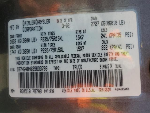 1B7HG48N02S633708 - 2002 DODGE DAKOTA QUAD SLT GRAY photo 12